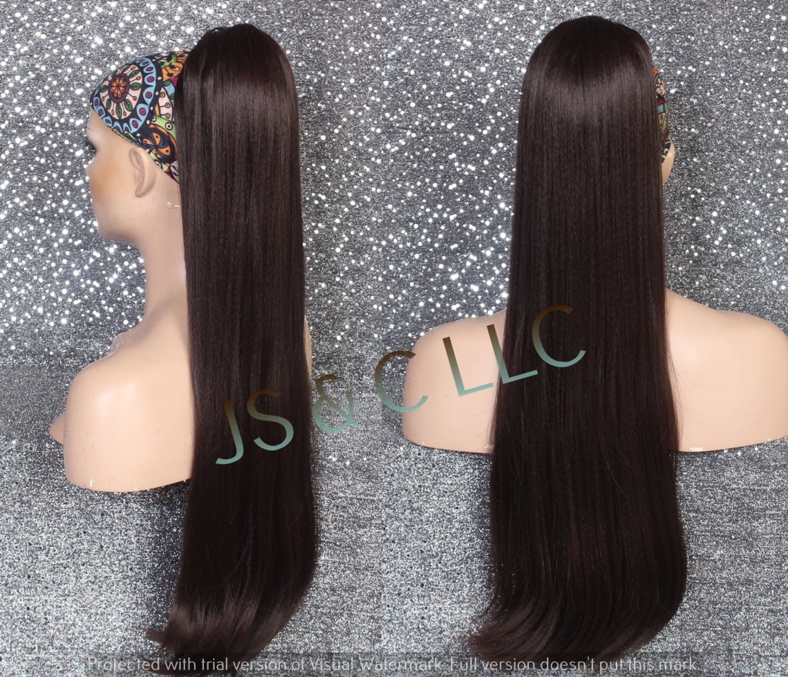Dark Brown Human Hair Blend Ponytail Piece Drawstring Extra Long Wavy Simply Put It On & Go Can Be Wrapped Around As A Bun
