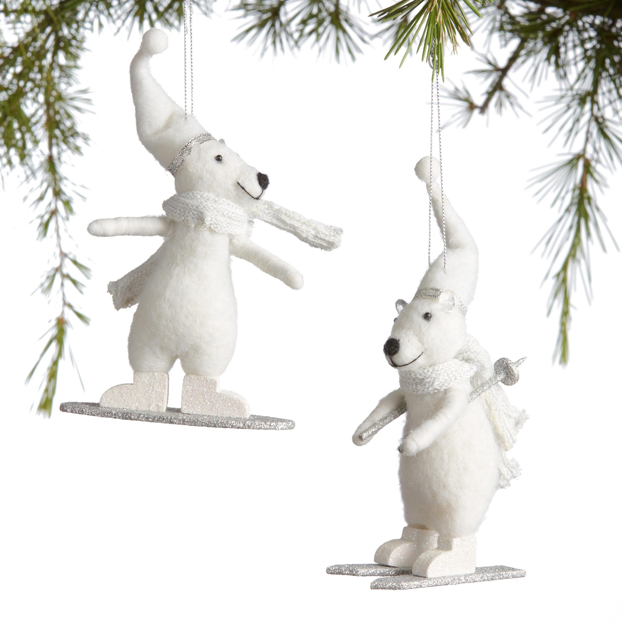 Felted Wool Snow Sports Polar Bear Ornaments Set of 2: White by World Market