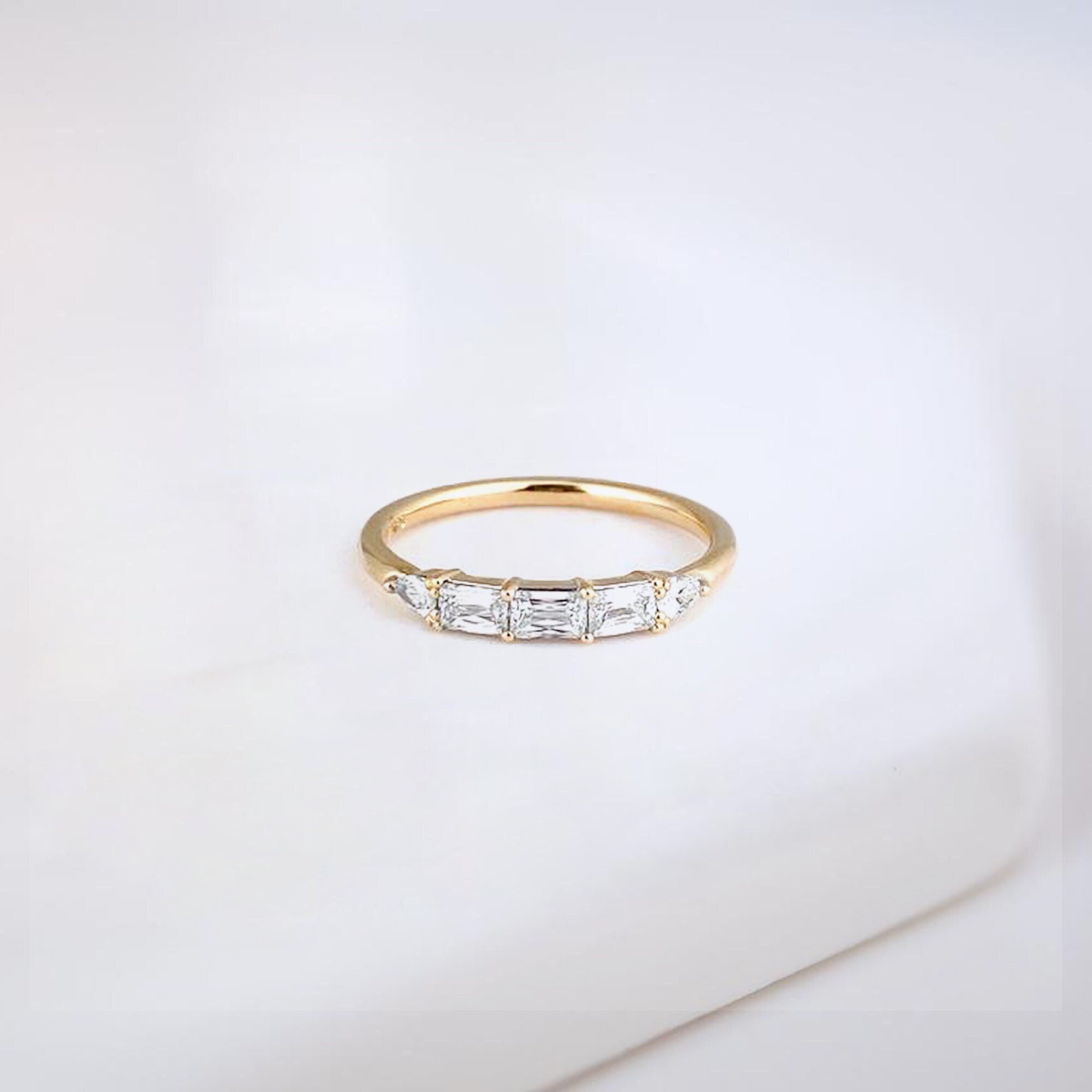 Five Stone Wedding Band, Emerald Shaped 18K Micron Over 925 Sterling Silver, Stacking Birthday Gift For Her, Unique Band