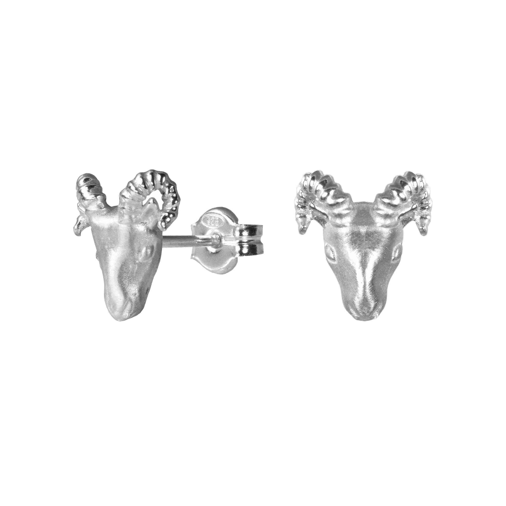 Silver Ram Aries Animal Earrings - Sterling Stud Earrings, Greek Jewelry, Zodiac Gift