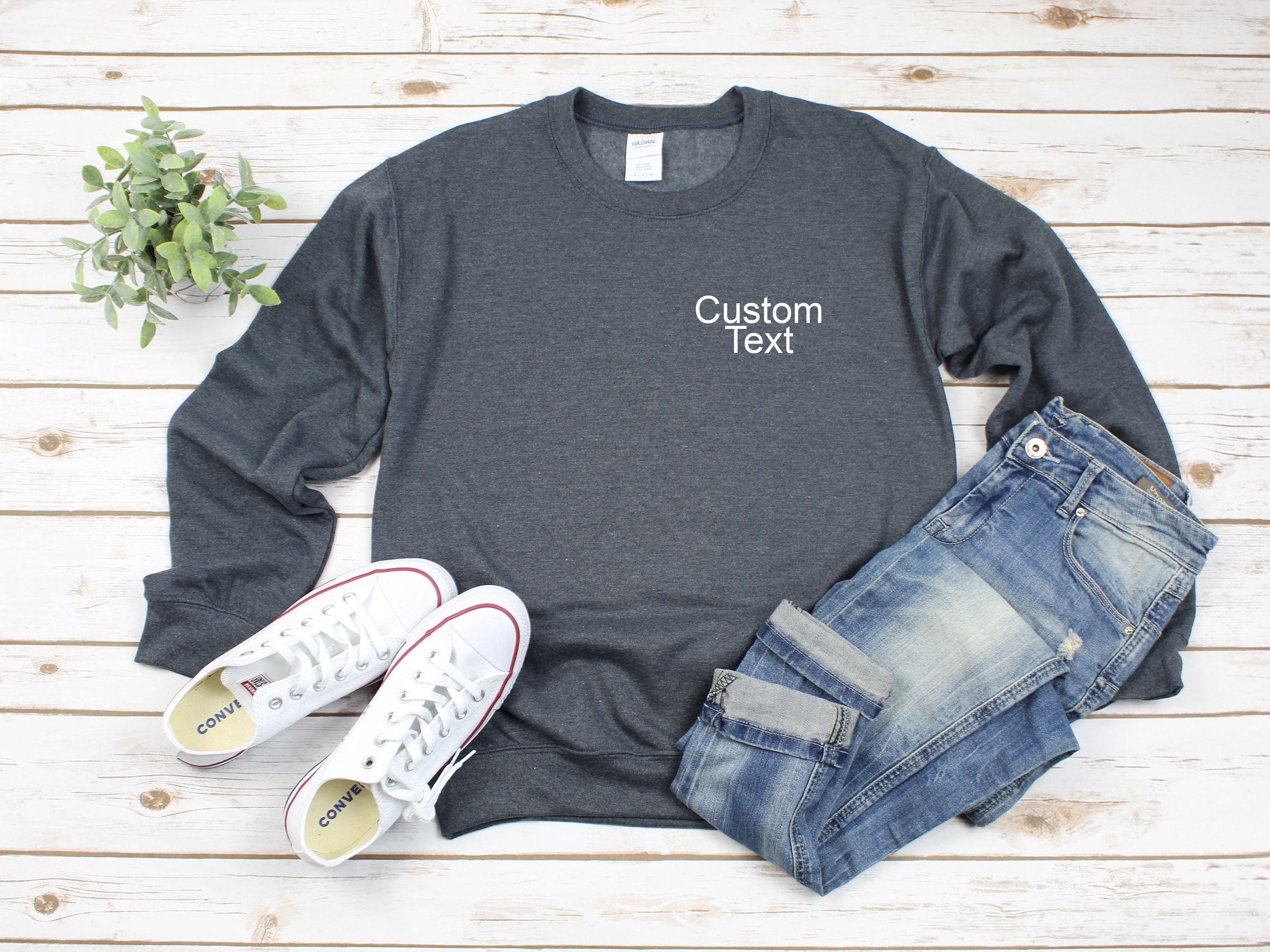 Custom Text Left Chest Heavy Blend Crewneck Sweatshirt, Your Here, Personalized Sweater, Fall Gift For Her