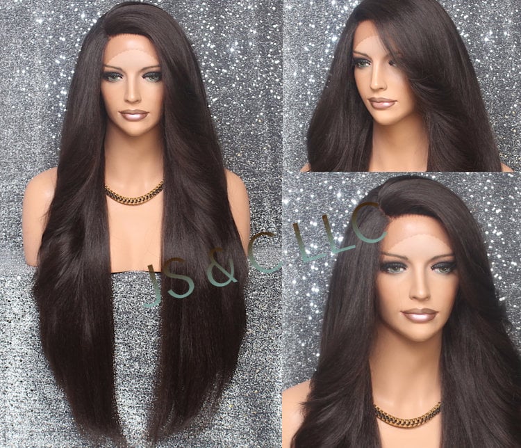 Luscious Full Human Hair Blend Lace Front Wig Heat Safe With Feathered Sides Long Swept Bangs & Natural Side Parting in Exotic Dark Brown