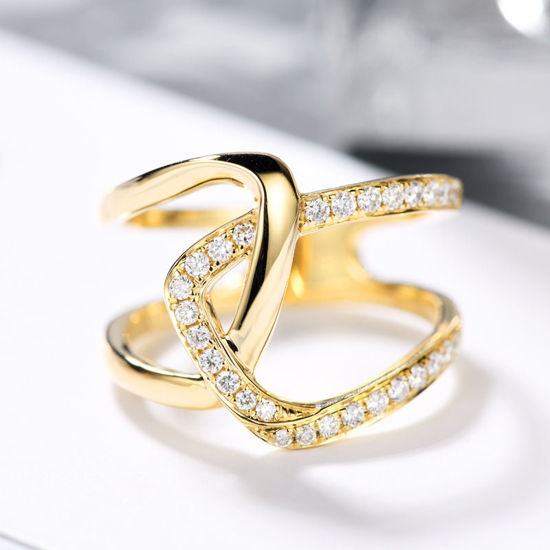 Diamond Asymmetry X Cross Statement Ring in Solid 18K Gold/Custom Fine Jewelry/Personalization Design/Unique Gift For Women & Girls
