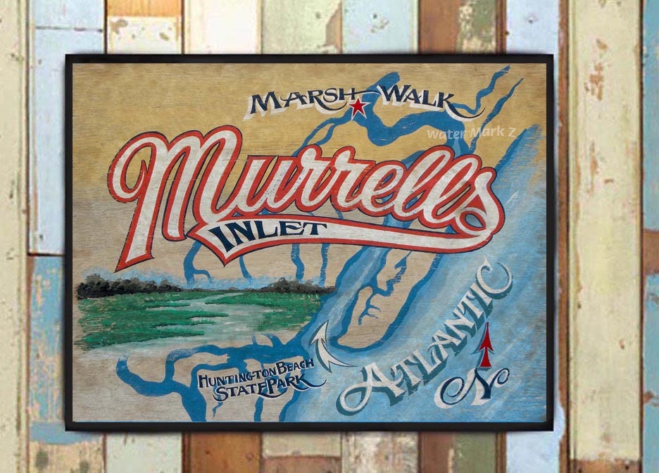 Murrells Inlet South Carolina Beach Map Print. Print From Original Art, Great Beach Decor Or Hang in A Restaurant Cafe. Marsh Walk