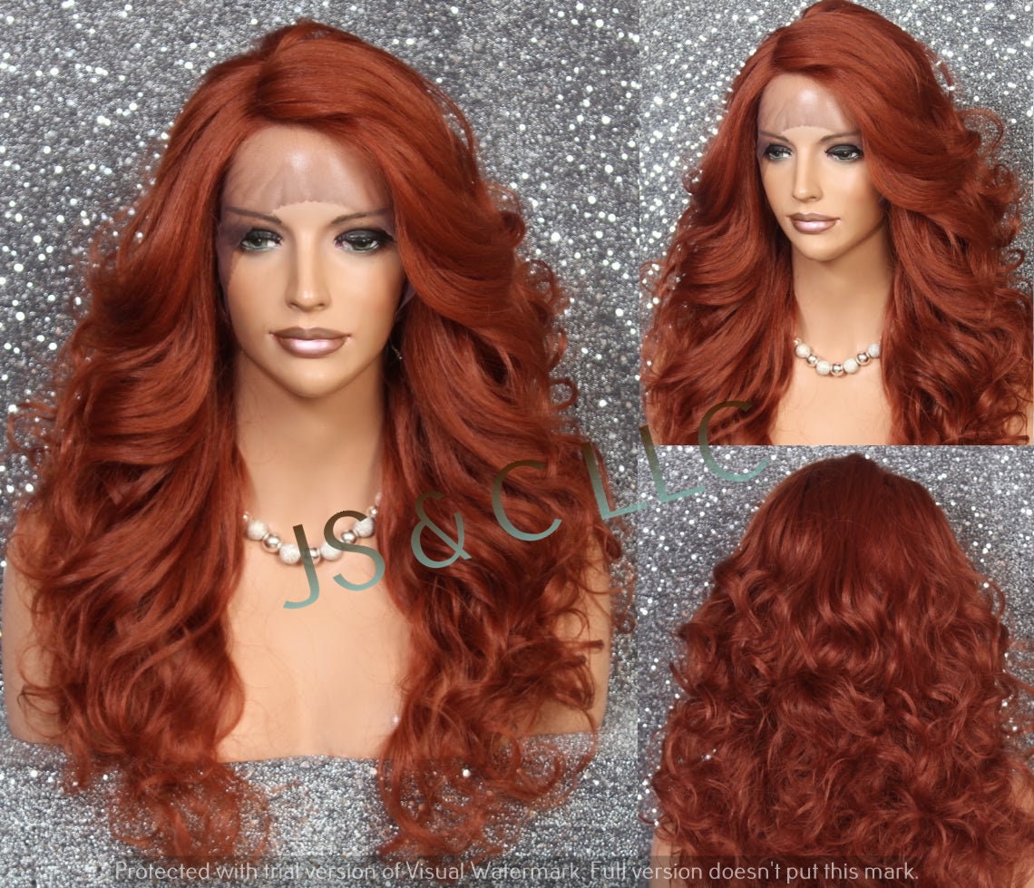 Medium Red Auburn Human Hair Blend Lace Front Wig Full Long Curly With Bangs Heat Safe Cancer Alopecia Theater