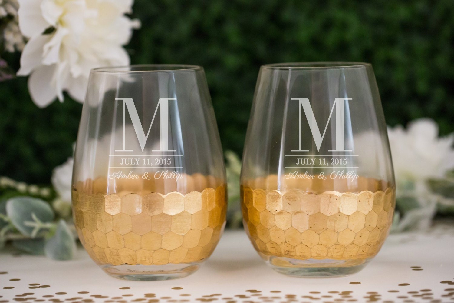 Personalized Gold Leaf Stemless Wine Glass | Set Of Two Custom Engraved Rustic Glasses, Wedding Engagement, Anniversary Gift