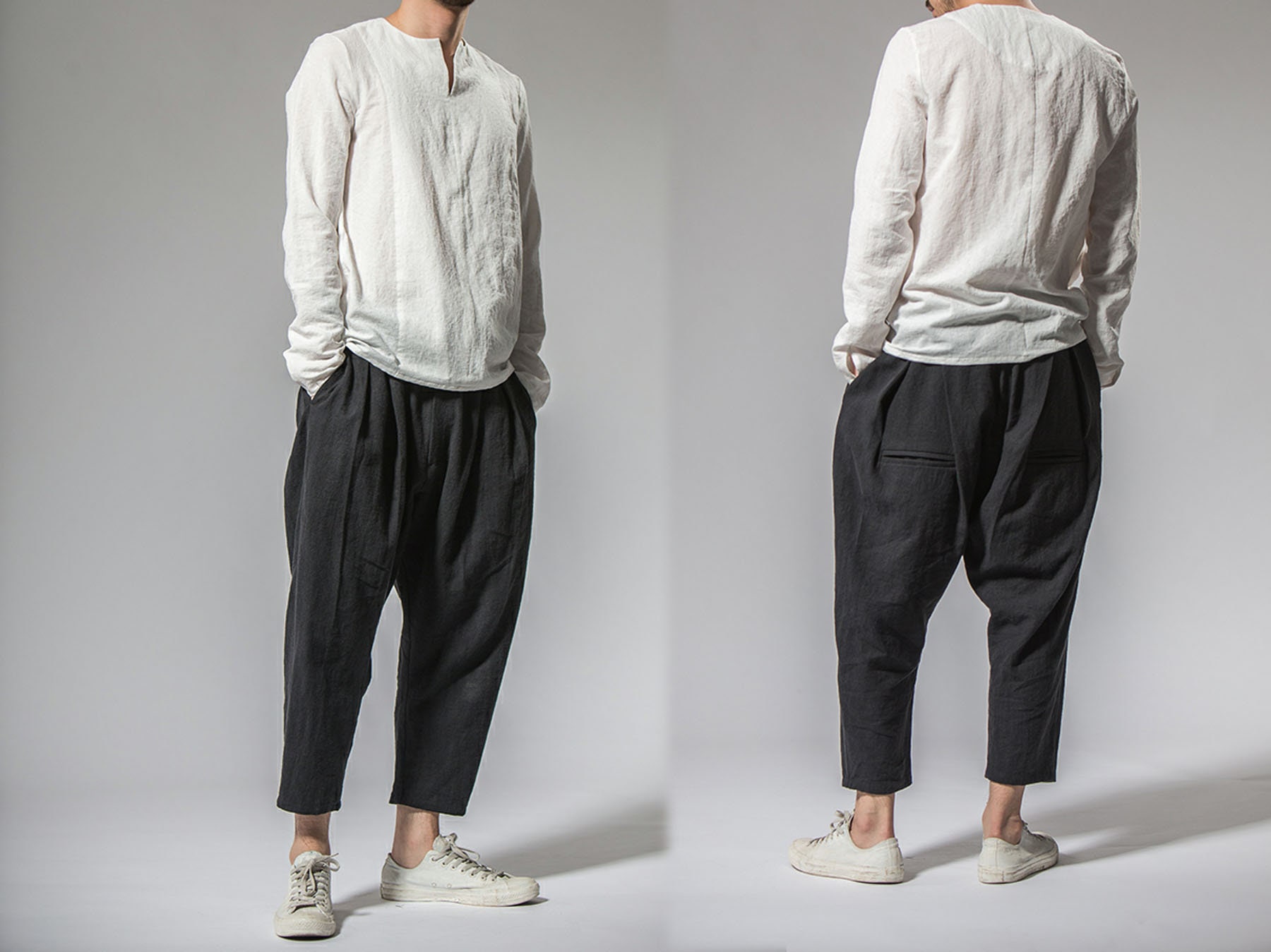 P062Men's Pleated Linen Cotton Blend Pants/Trousers, in Charcoal Color, Drop Crotch, Crop Pants, Harem Made To Order