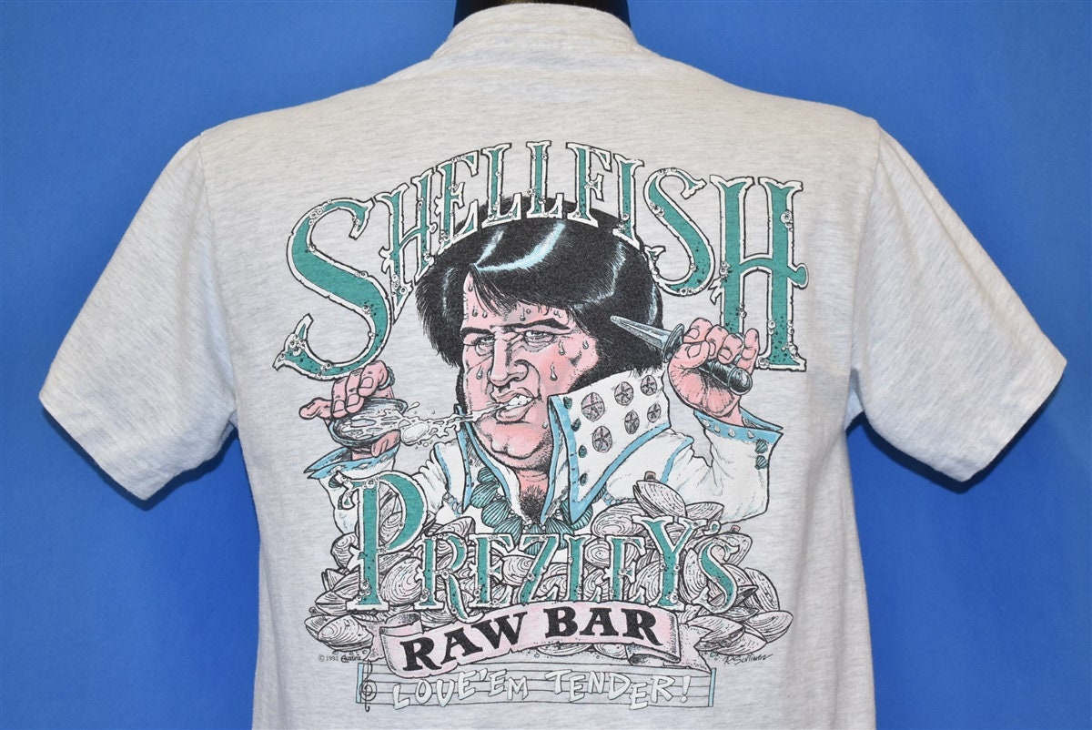 80S Shellfish Prezley's Raw Bar Aruba Funny Pun Elvis Clam Oyster T-Shirt Medium