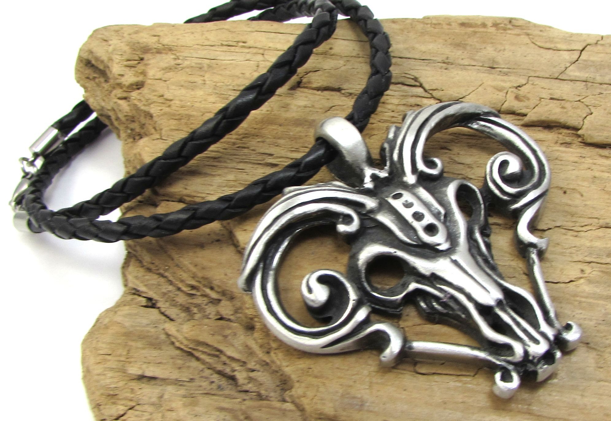 Ram Skull Necklace, 48.5x48mm Pendant, 3mm Custom Length Braided Leather Bolo Cord Jewelry, Item 1879N