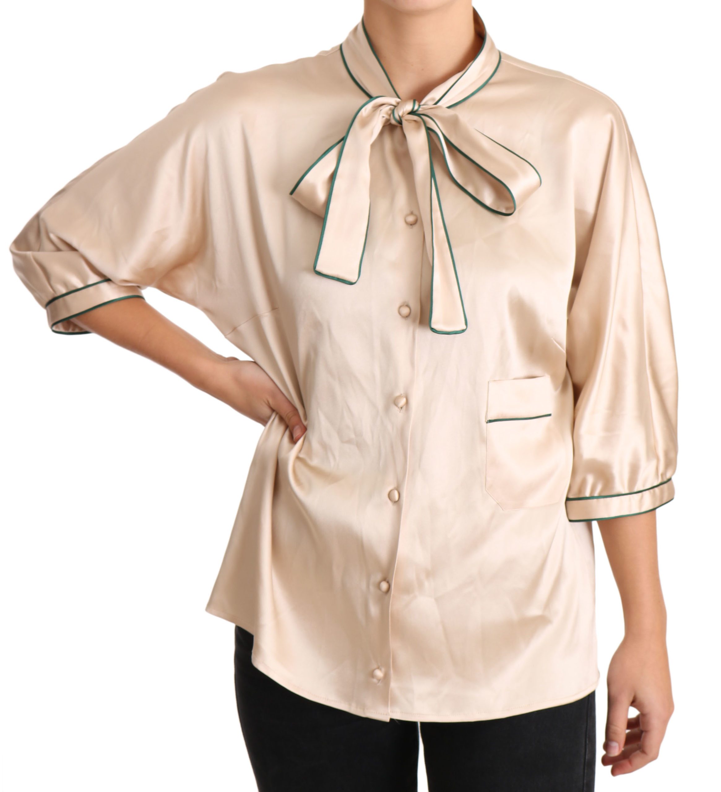 Dolce & Gabbana Women's Ribbon Silk Stretch Top Beige TSH3372 - IT48|XXL