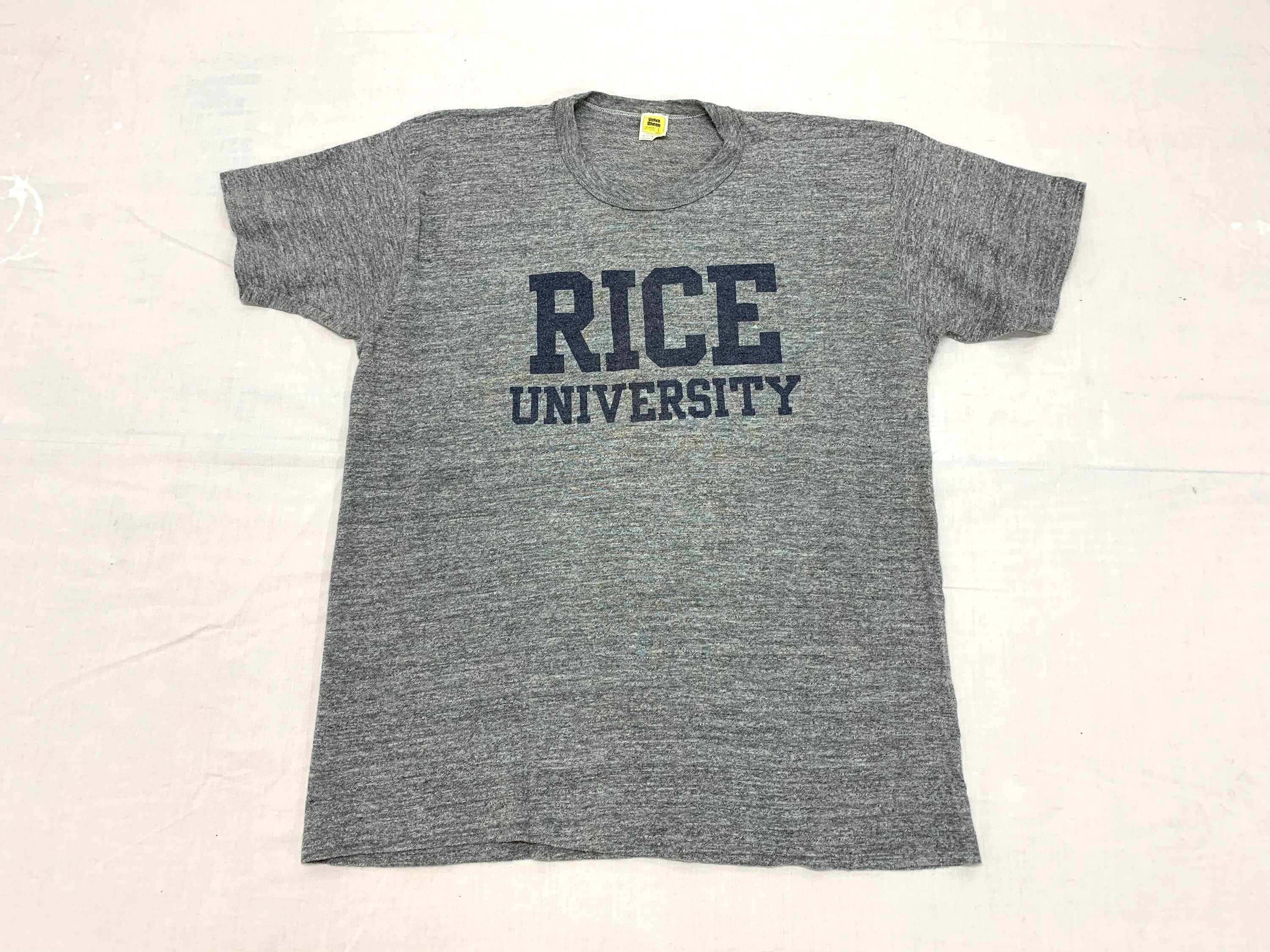 1970S Tri-Blend Heather Gray Rice University T-Shirt Size Large 20x25 Blue Water Print Rayon Blend Velva Sheen Single Stitch Made in Usa