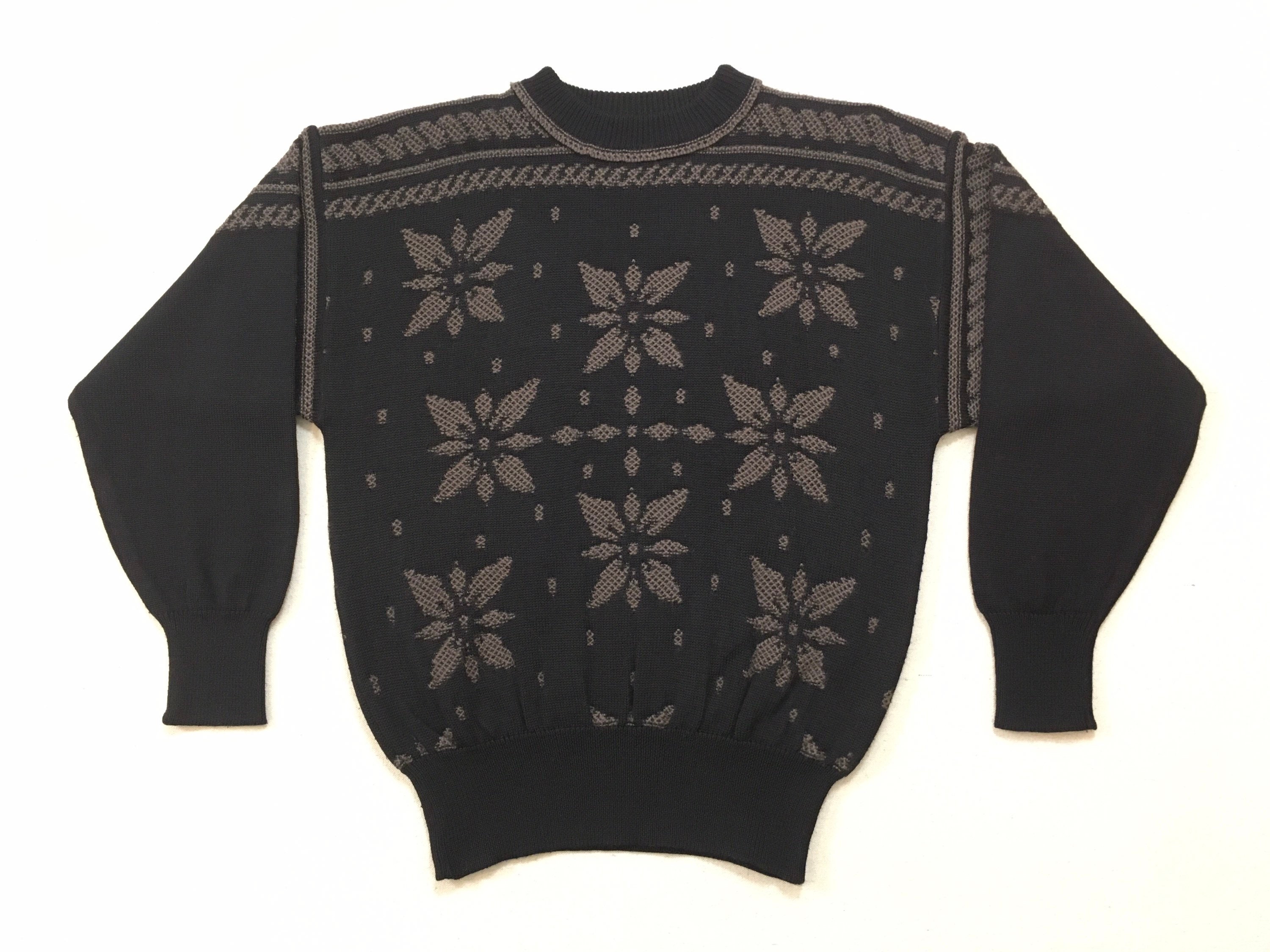 1980's, Wool Blend, Ski Sweater, in Black & Mauve-Beige, Snowflake Design, By Meister