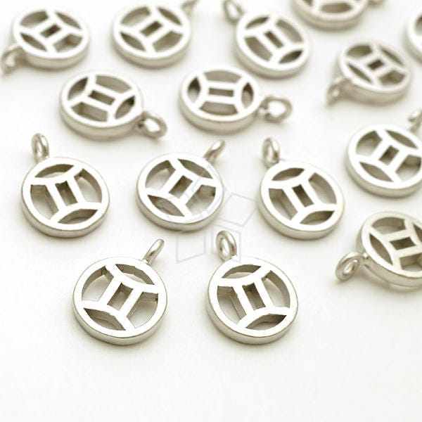 Pd-2232-Ms/4 Pcs - Zodiac Sign Symbol Charms, Constellation, Gemini, The Twins, May, June Birthday, Matte Silver Plated Over Brass 7.4mm