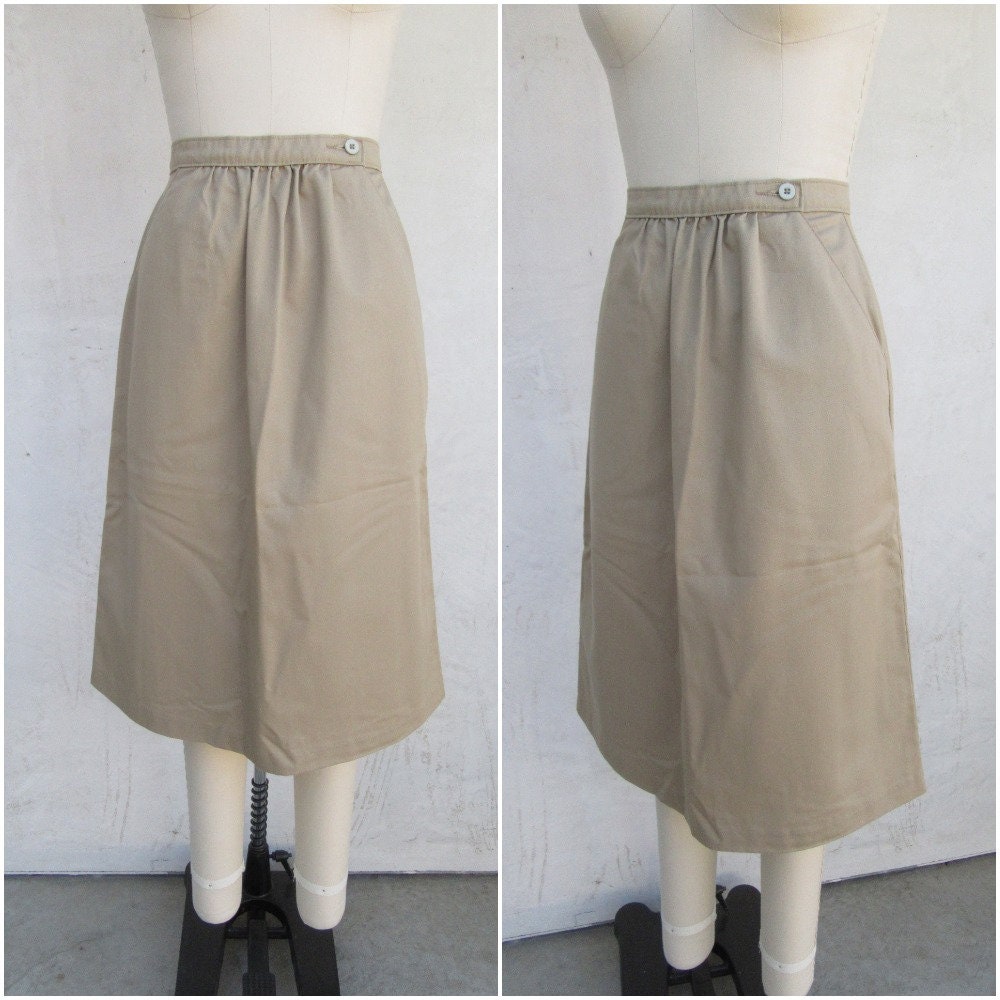 80S 90S Khaki Cotton Blend Pleated High Waist Midi Skirt | S 25