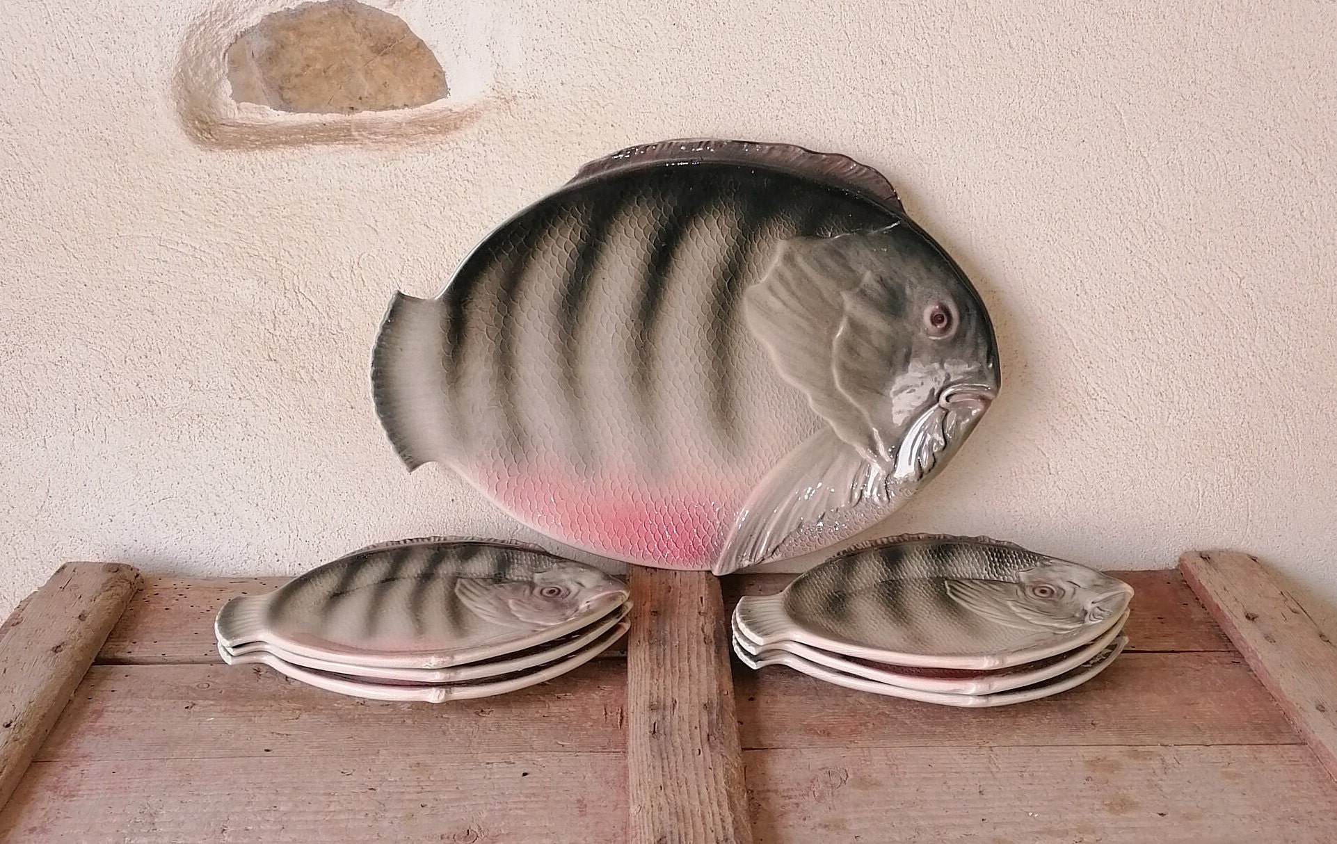 Set Of Vintage Fish Dishes, Gray & Pink Italian Ceramics, Dishes Service For 6 People, Coastal Dcor