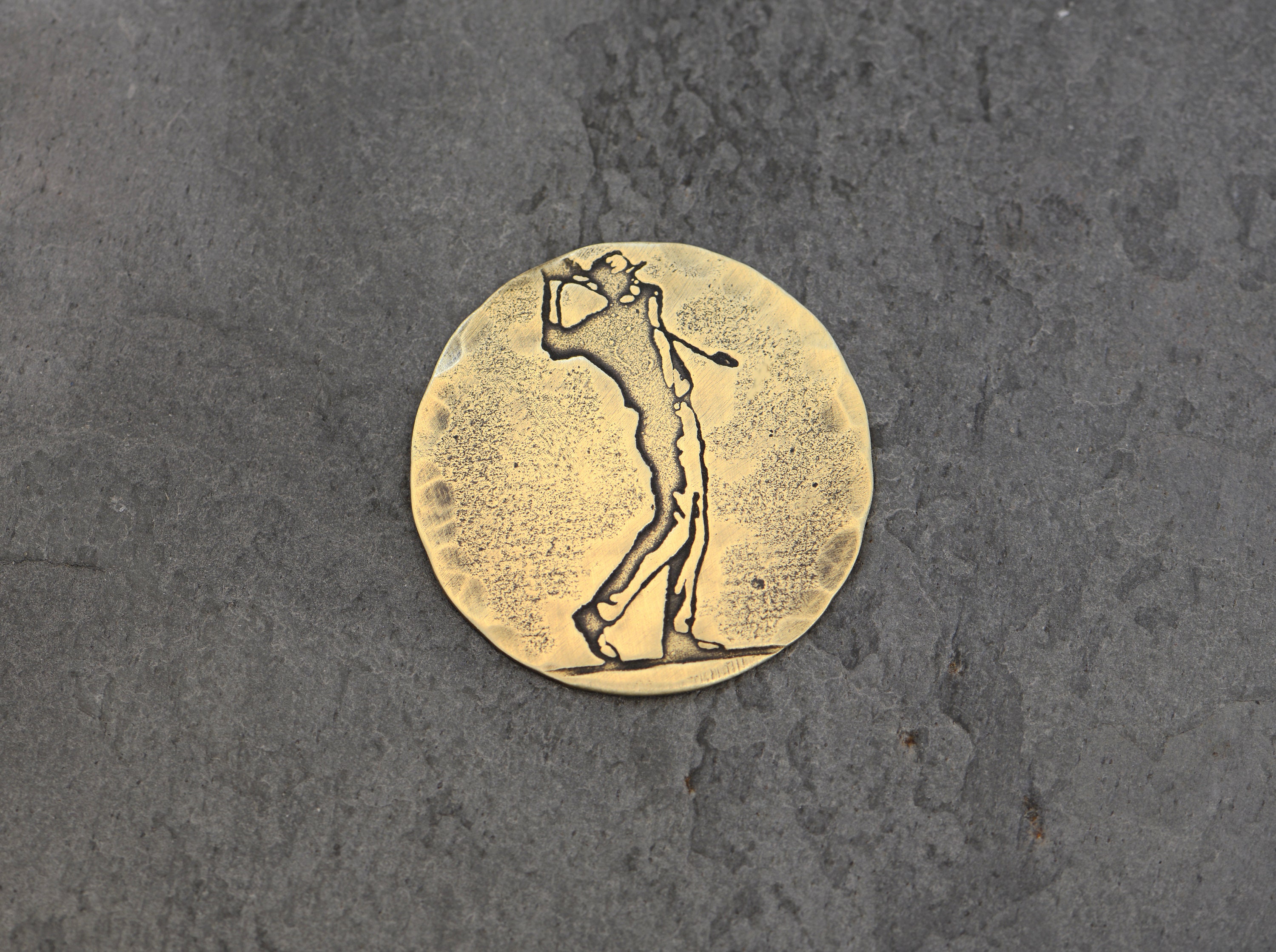 Bronze Golf Ball Marker With Rustic Golfer Art Imprinted in Metal