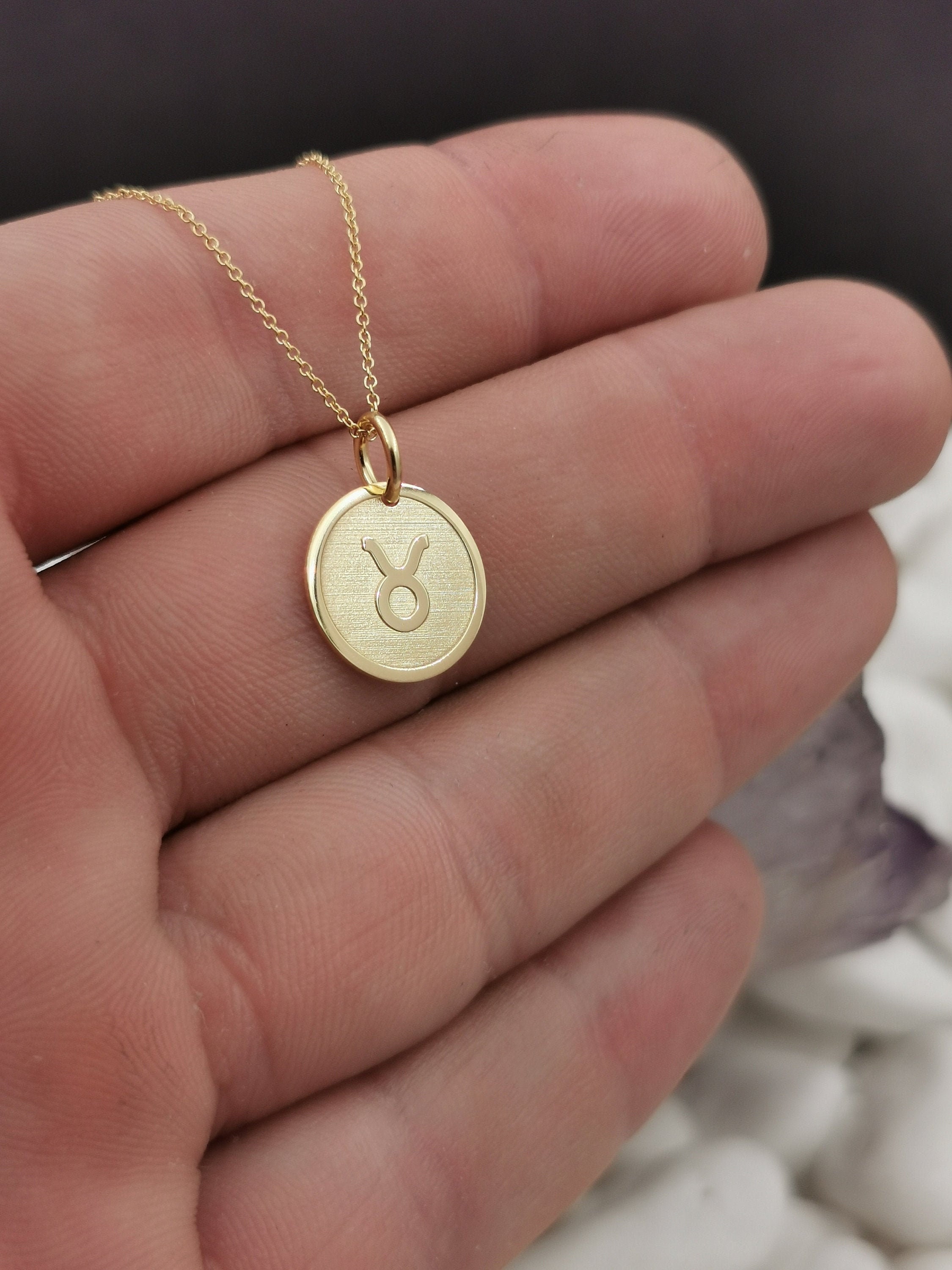 Dainty 14K Solid Gold Taurus Zodiac Necklace, Symbol Pendant, Gold, Personalized Custom