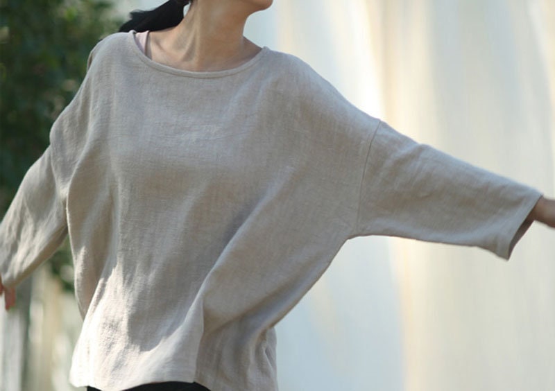 A57-Women's Linen Cotton Blend Top, Spring/Summer Fall Tee, Dropped Shoulder T-Shirt, Natural Tunic Blouse