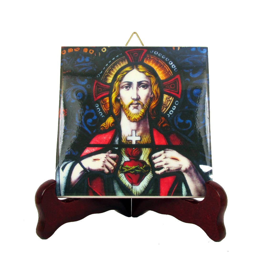 The Sacred Heart Of Jesus Devotional Icon On Tile - Religious Gift Idea Handmade in Italy Catholic Art Christ Wall Hanging