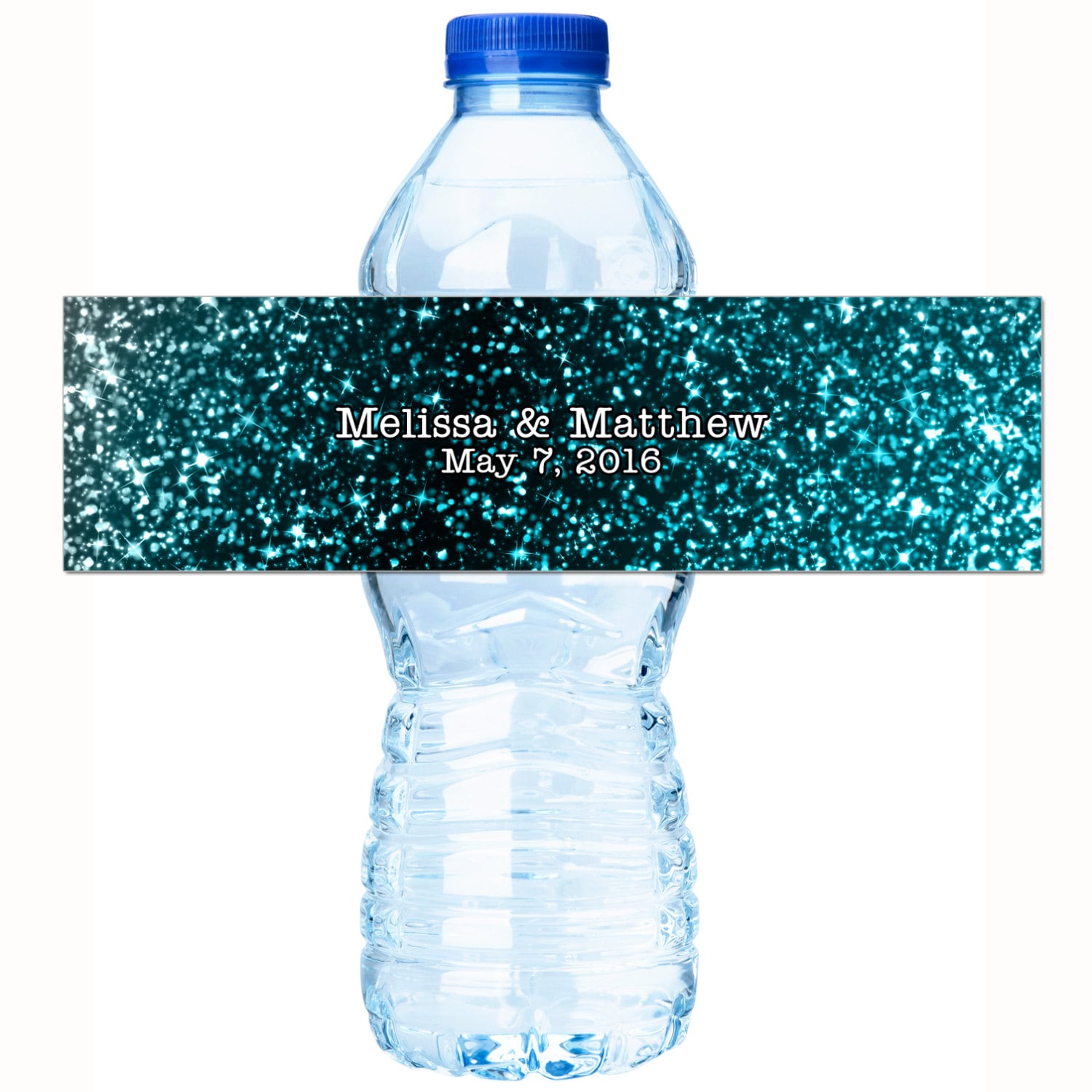 30 Personalized Custom Colored Waterproof Water Bottle Labels - Modern Blue Faux Glitter Look
