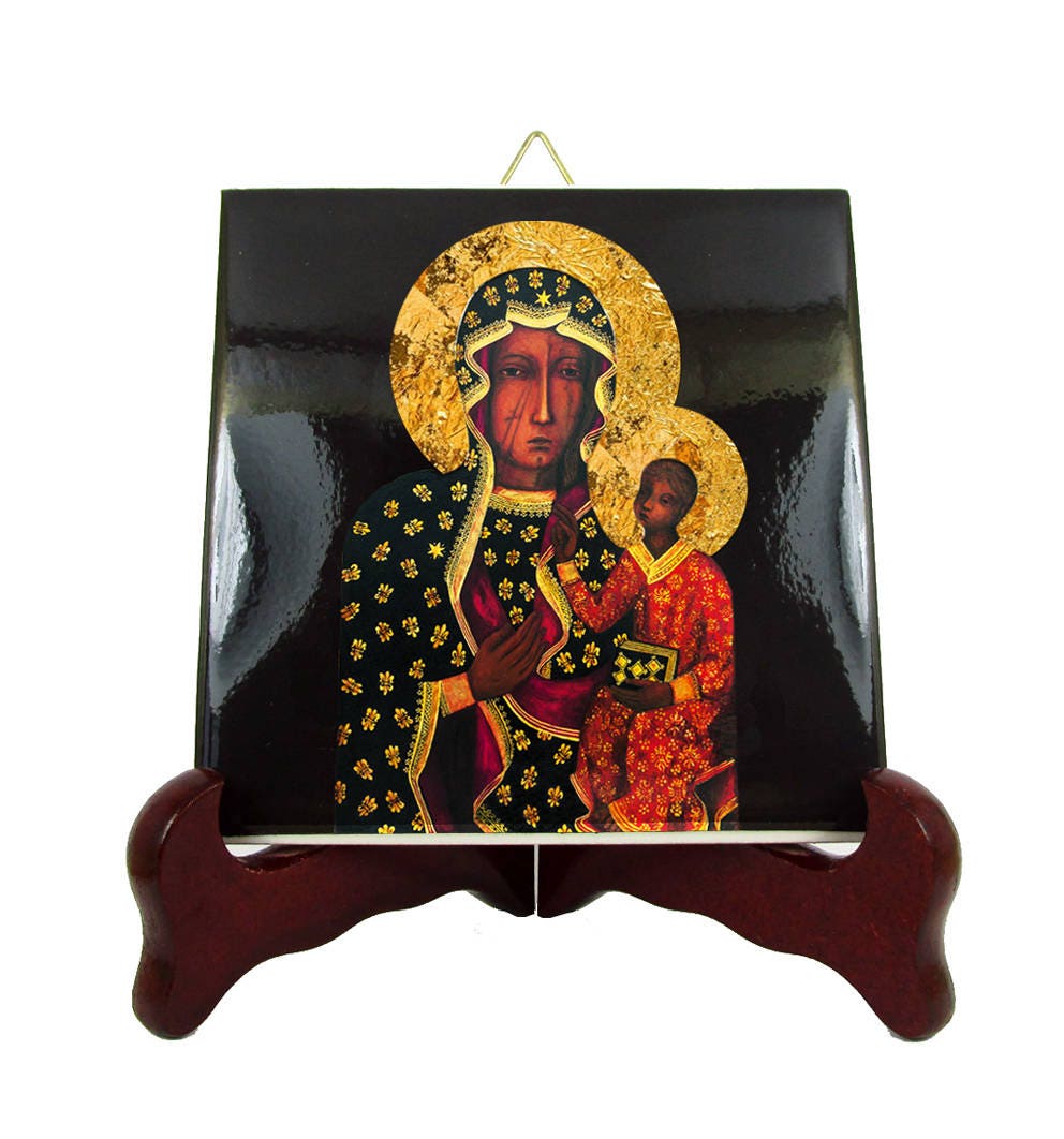 Catholic Gifts - Black Madonna Of Czstochowa Virgin Mary Icon On Ceramic Tile Our Lady Sacred Art