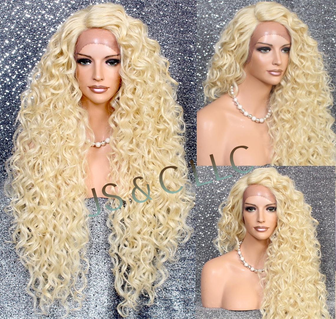 Human Hair Blend Full Lace Front Wig Extra Volume & Curly Untamed Wild Heat Ok Bleach Blonde Side Parting Cancer/Alopecia/Cosplay