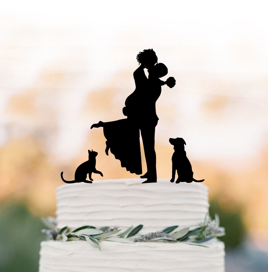 Unique Wedding Cake Topper Dog, Toppers With Cat Groom Lifting Bride, Funny Wedding Cake Toppers Silhouette