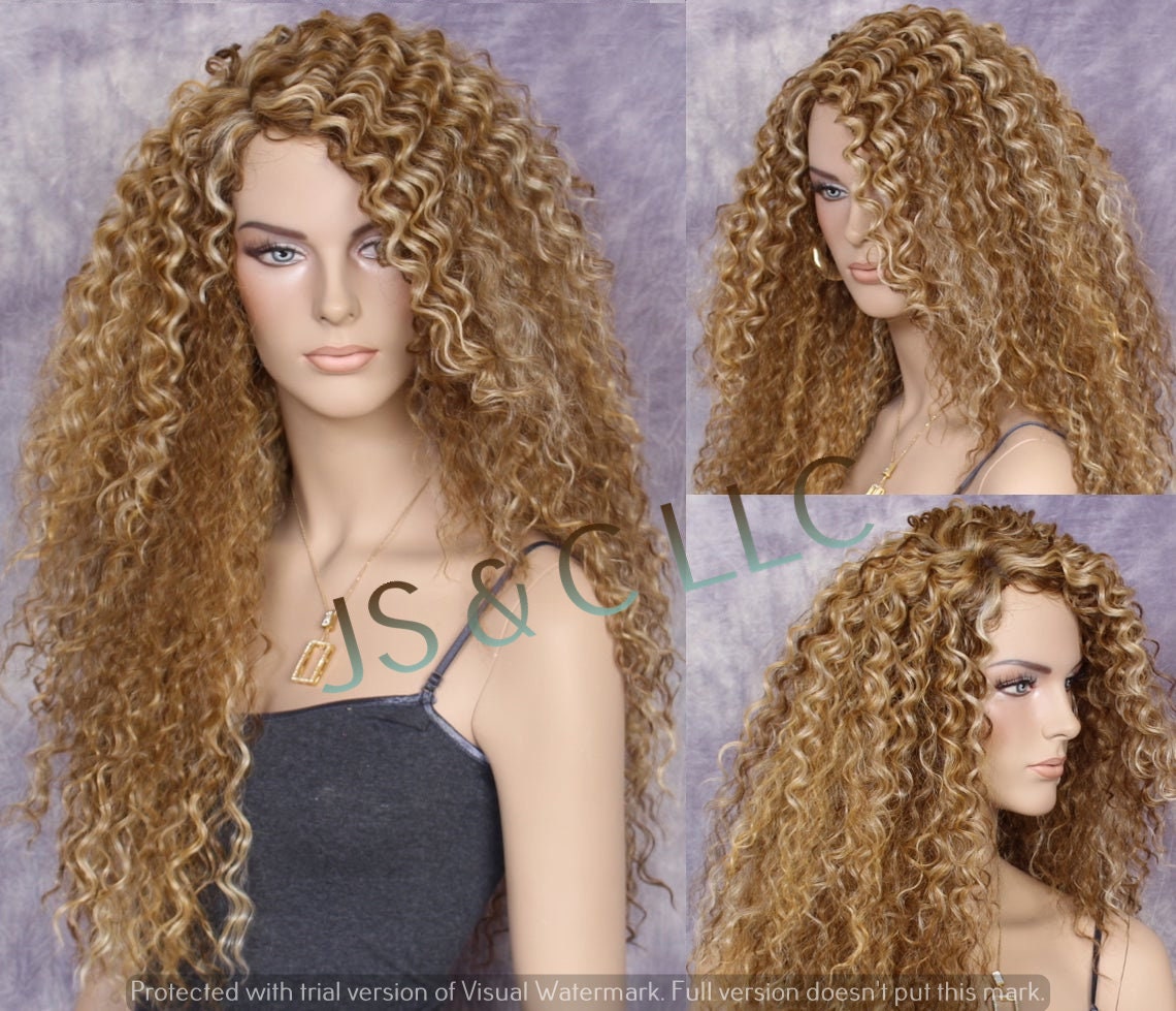 Human Hair Blend Curly Blonde Light Brown Tangerine Mix Wig Side Part Shorter Front Heat Ok Cancer/Alopecia/Cosplay/Theater