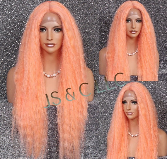 Human Hair Blend Wig Heat Safe Dark Peach Spanish Loose Silky Wave Light Weight Center Part N Can Be Worn Side Cancer/Alopecia/Cosplay