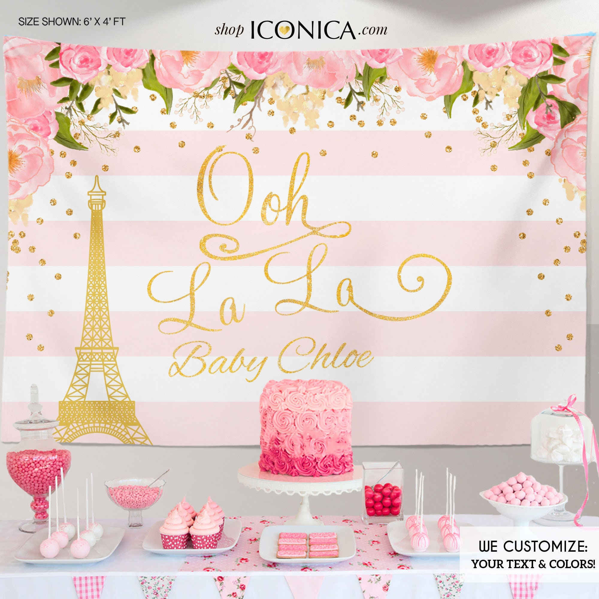 Paris Floral Baby Shower Party Backdrop, Oh La Gold & Pink Dessert Table Banner, Watercolor Garden Virtual Baby Shower
