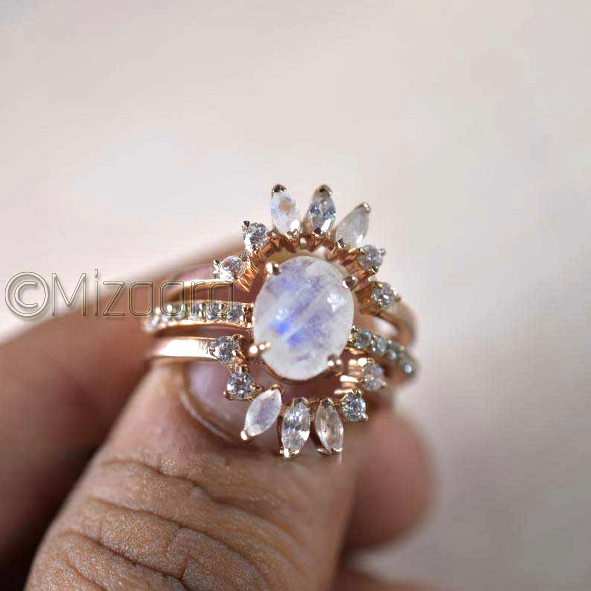Moonstone Rose Gold Ring Sterling Silver Rainbow Stacking Dainty Stackable Set Jewelry Girls Wedding Engagement