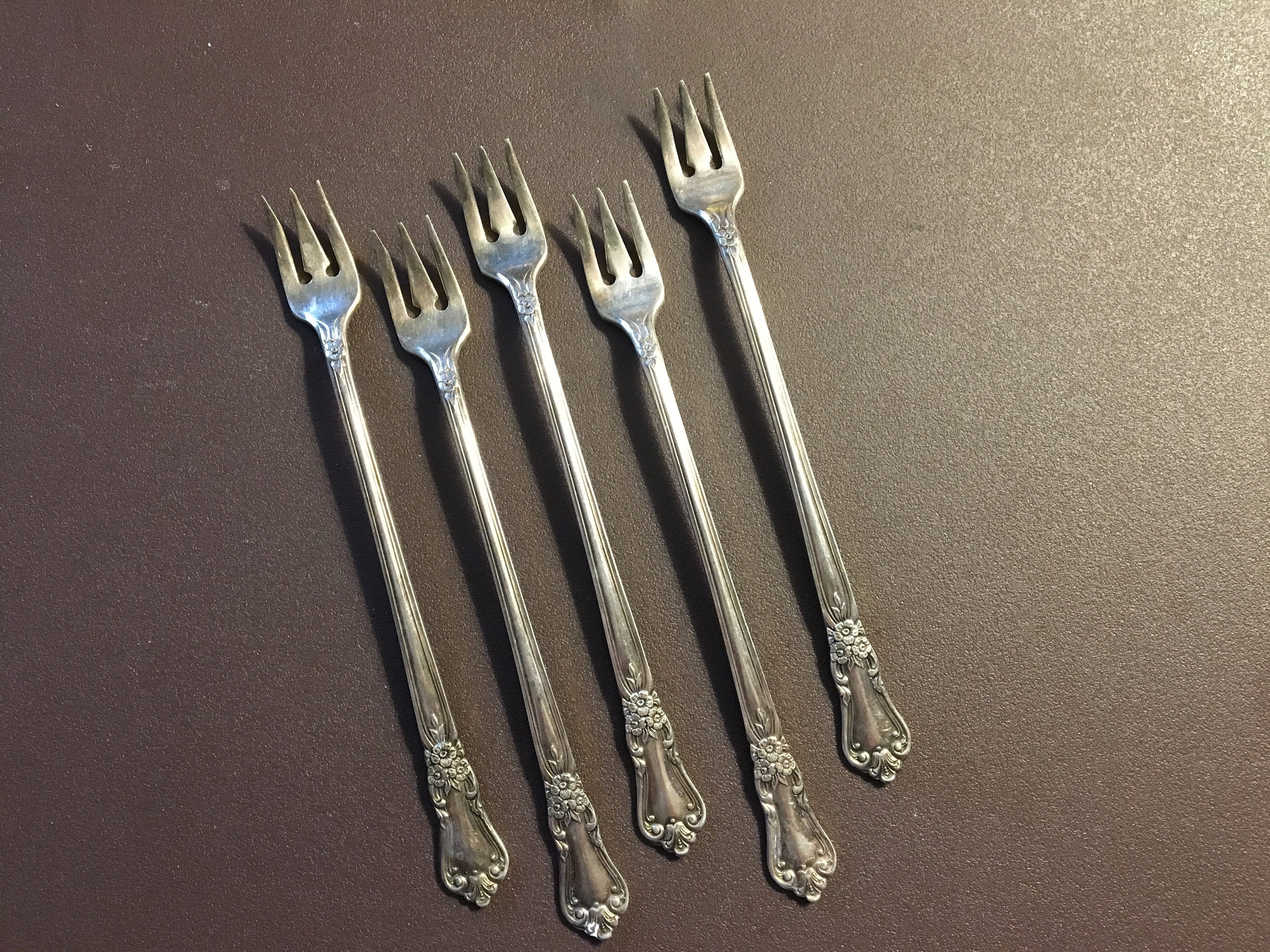1956 Wm. A. Rogers | Now Oneida Valley Rose Silver-Plate Cocktail Forks Or Seafood | Set Of 5