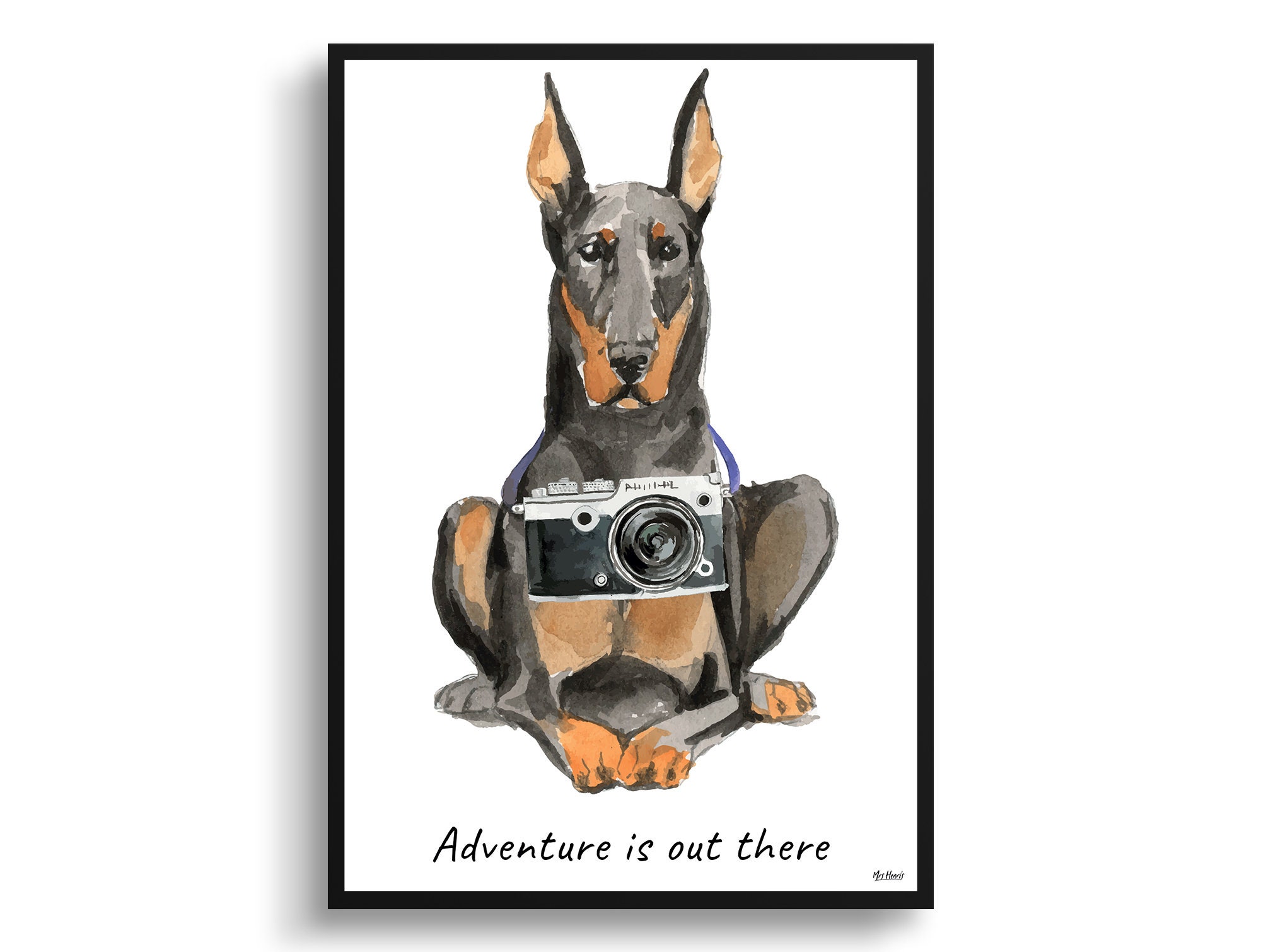 Adventure Is Out There Doberman Dog Print Illustration. Framed & Un-Framed Wall Art Options. Personalised Name