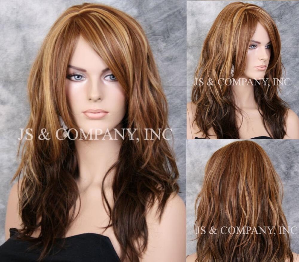 Natural Human Hair Blend Wig Ombre Carmel Blonde Brown Mix Relaxed Waves Full Long Bangs Off Center Parting Cancer Alopecia Theater Cosplay