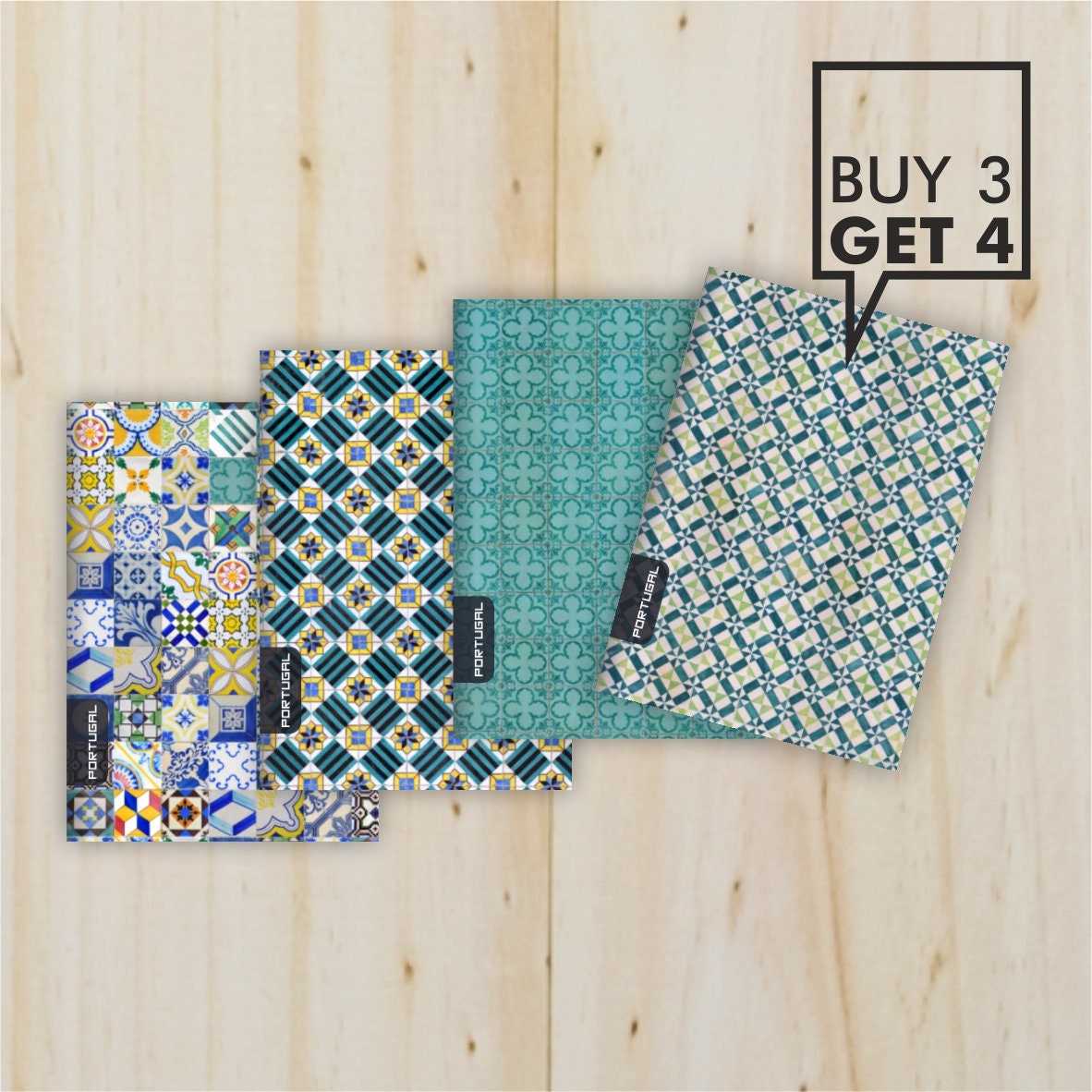 Buy 3 Get 4 Notebooks Inspired in The Portuguese Tiles, Eco Friendly Recycled Paper - Option C