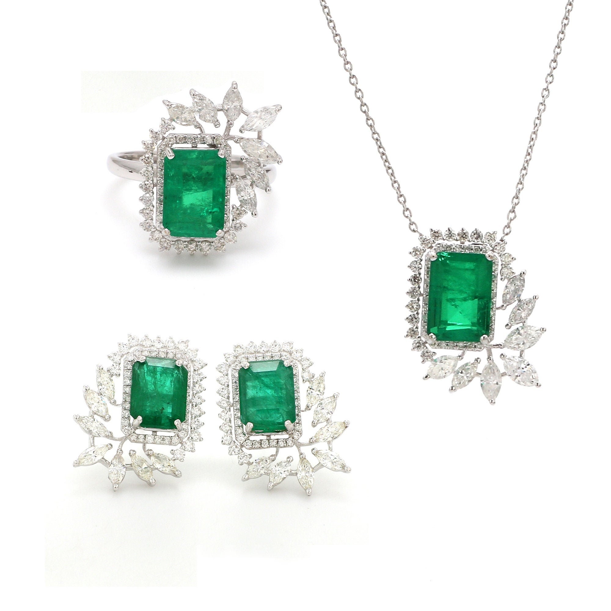 Natural Diamond Emerald Ring, Earrings & Necklace Set 18K White Gold Certified Jewelry For Women