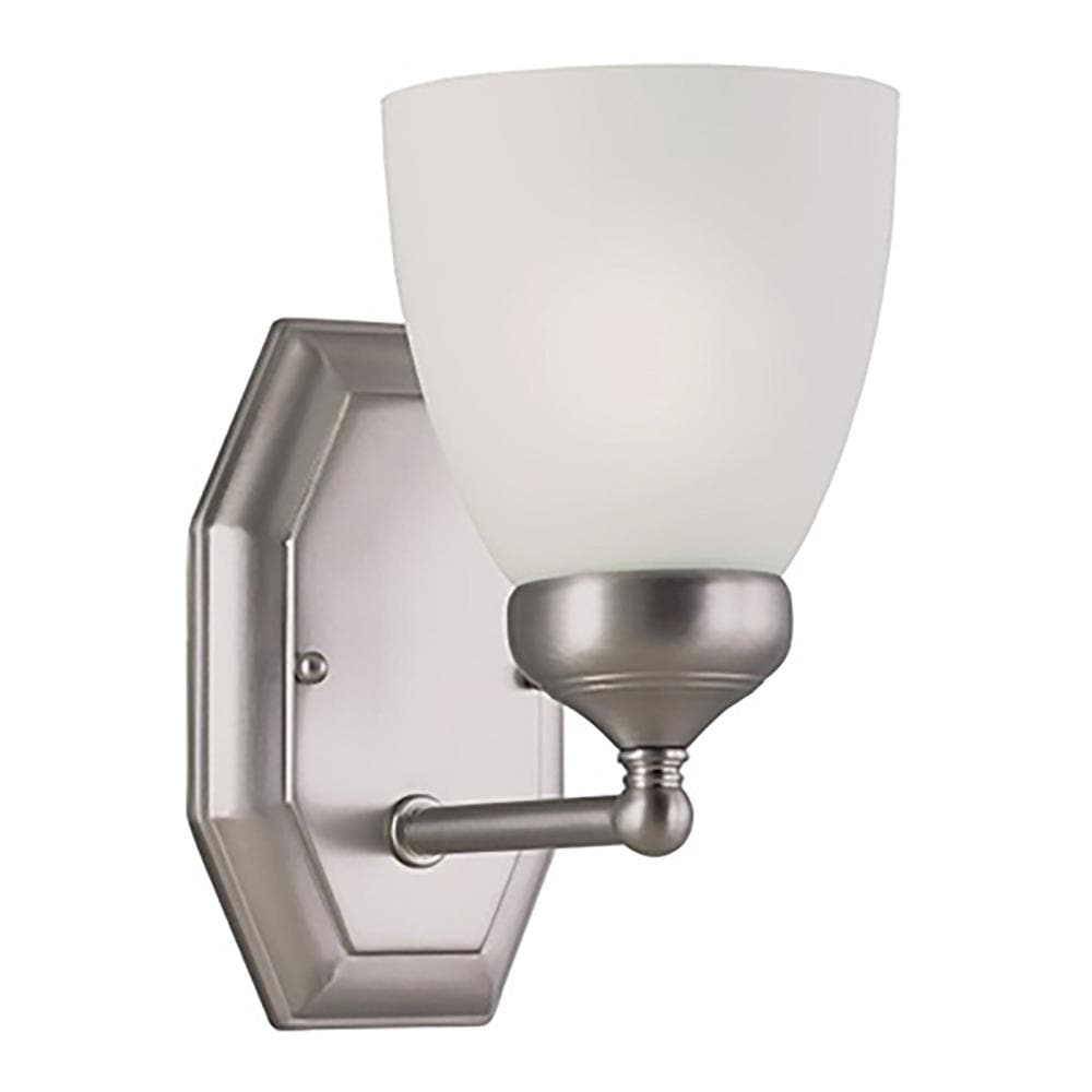 Lucid Lighting 7 in 1-Light Indoor Armed Wall Sconce, Blends with Modern and Contemporary Style, White Frost Glass Bell Shade, Brushed Nickel Finish