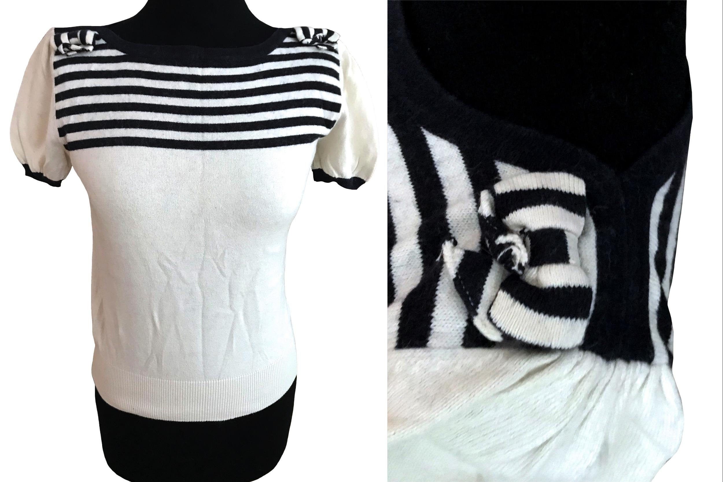 Cotton & Angora Blend Fine Knit Nautical Top, Navy & Cream Striped T-Shirt Top With Bow Trim Details, Boat Neck Sailor Short Sleeve S
