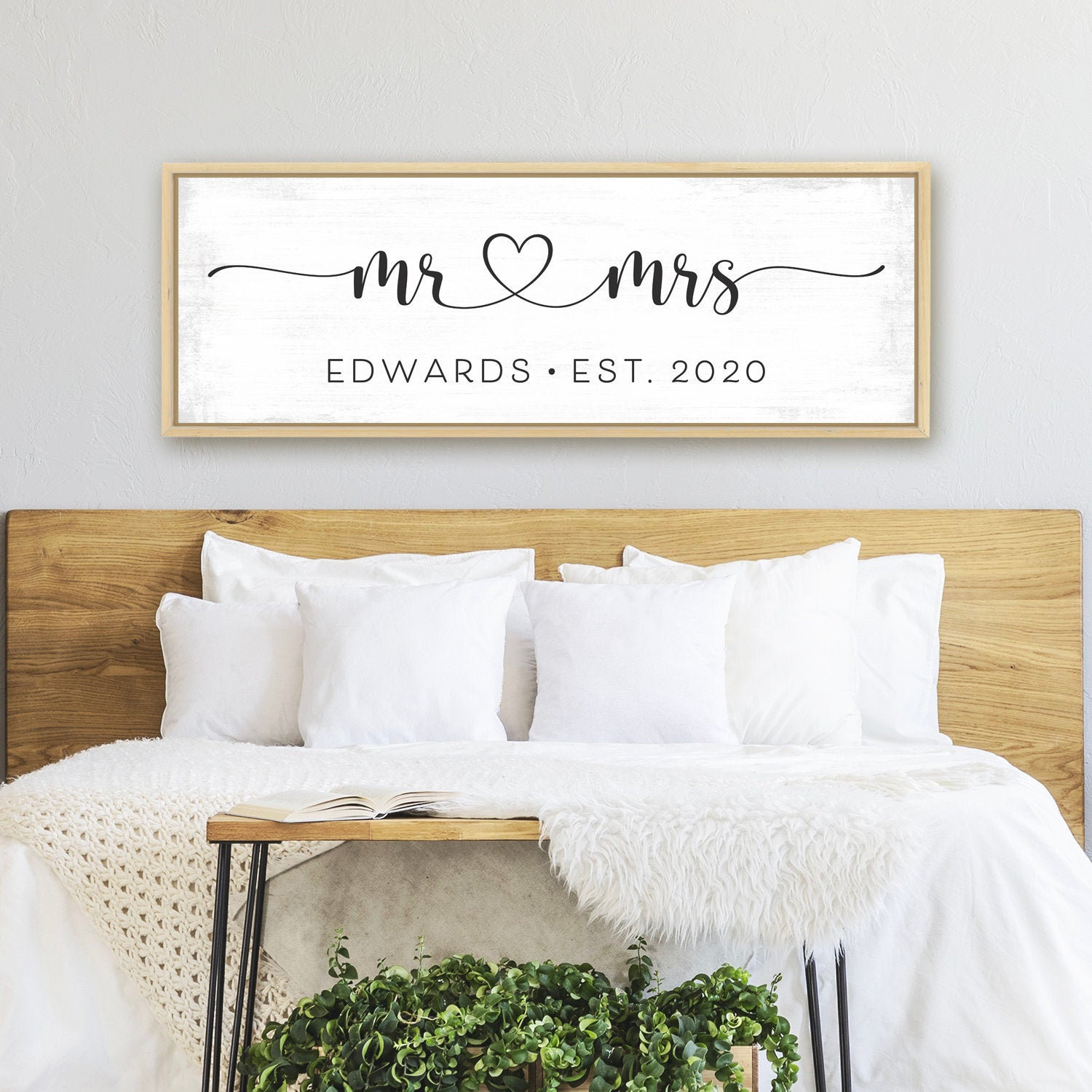 Custom Mr & Mrs Sign With Last Name For His & Hers Canvas Wall Art, Newlywed Marriage Est Date Gifts, Master Bedroom Above Bed Decor
