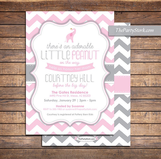 Pink Elephant Baby Shower Invitation Girl, Printable, Little Peanut Invite