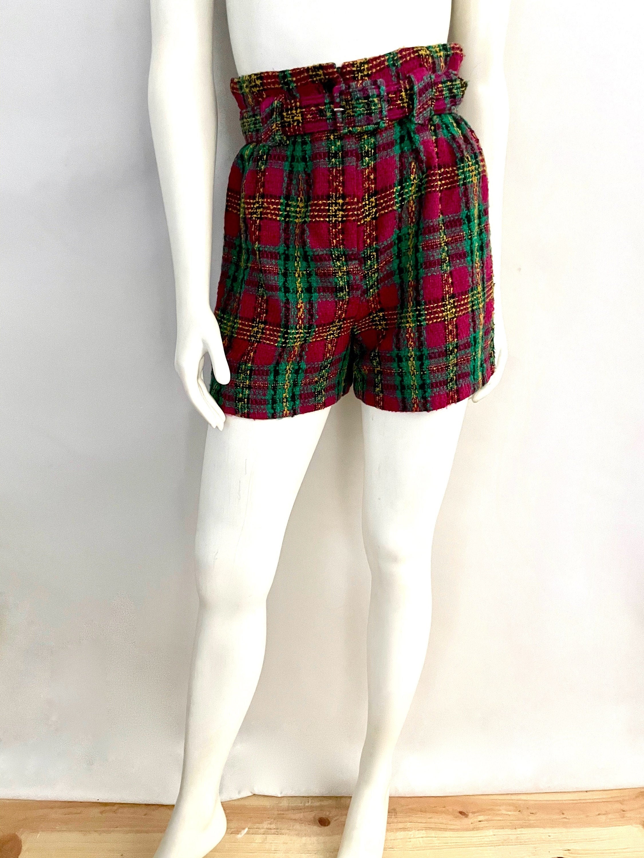 Vintage Women's 90's Pink, Wool Blend, High Waisted, Plaid, Belted Shorts By Rampage | M