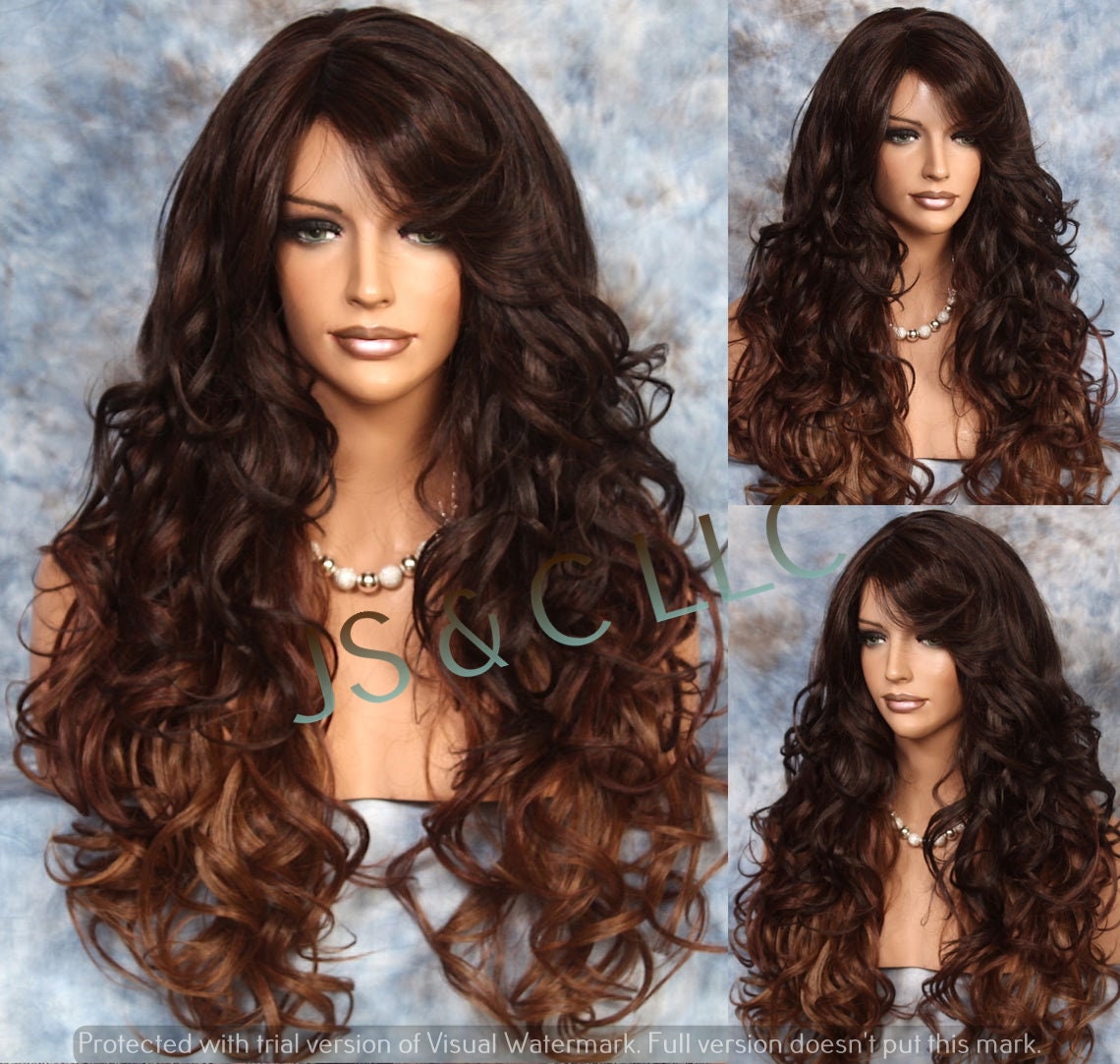 Beautiful Human Hair Blend Brown Auburn Tip Mix Long Full Wig With Curls & Bangs Side Parting Cancer/Alopecia/Cosplay