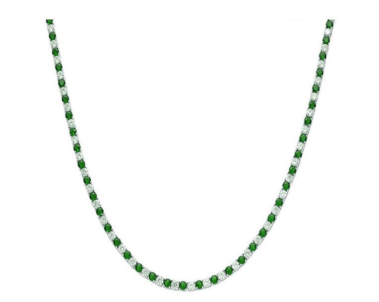 3mm Green Emerald & Moissanite Diamond Tennis Necklace, Emerald Gemstone Gift For Her