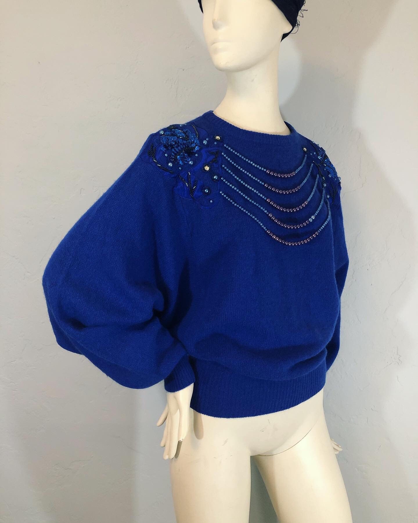 Vintage 1980's Angora Blend Cobalt Blue Dolman-Like Sleeve Crew Neck Sweater By Marshall-Ruosso Las Vegas, Nevada