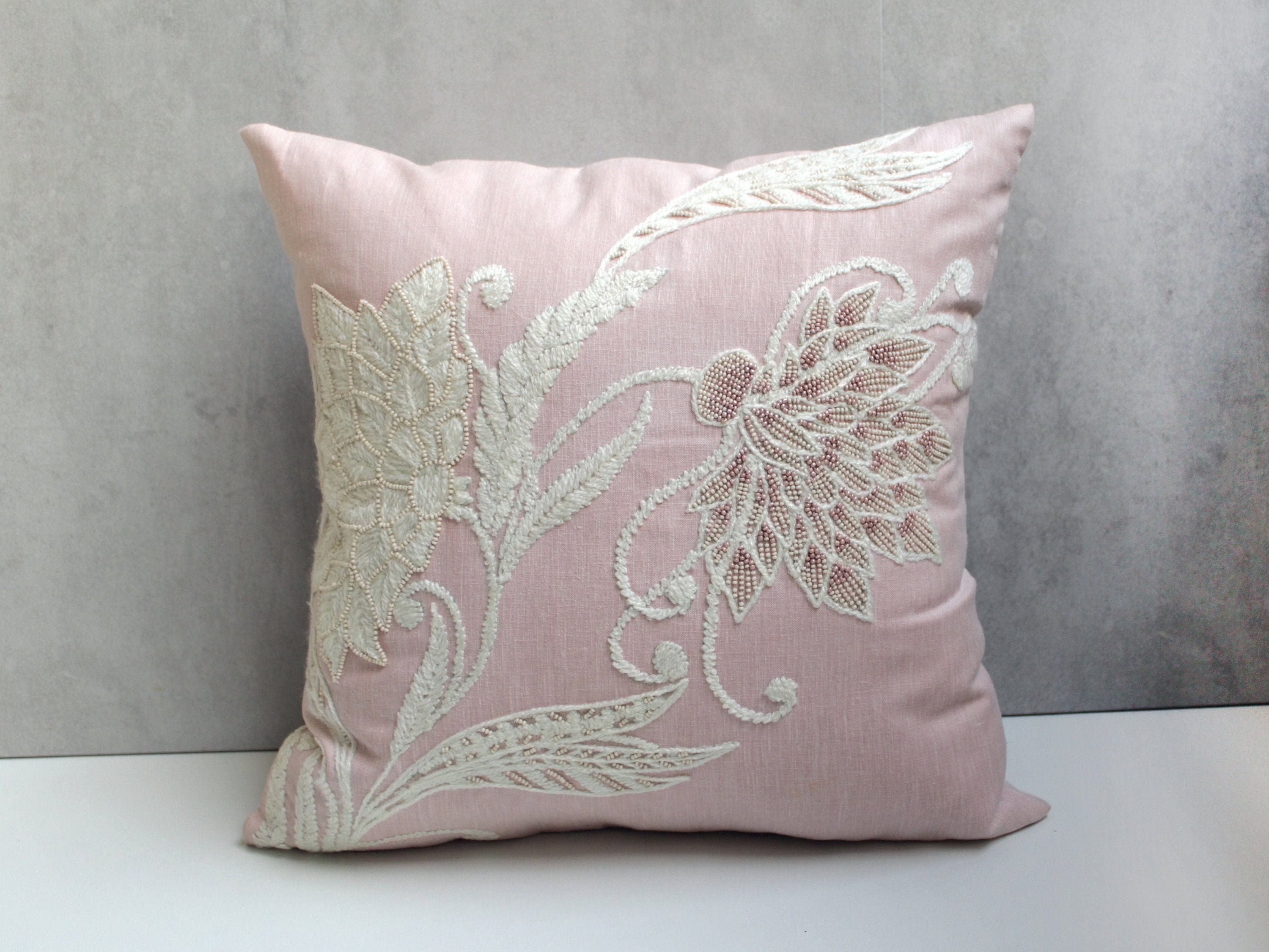 Pink Cotton Linen Blend Pillow Cover Wool Bead Work Luxury Contemporary Modern Throw Hand Embroidery Embellished Custom Bmcc156