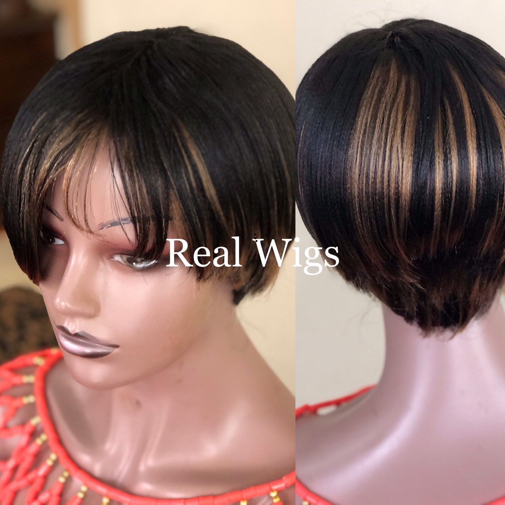 Handmade, Hand Cut, Human Hair Blend Two - Tone Short Pixie Wig.wig Is As Pictured.ready To Ship