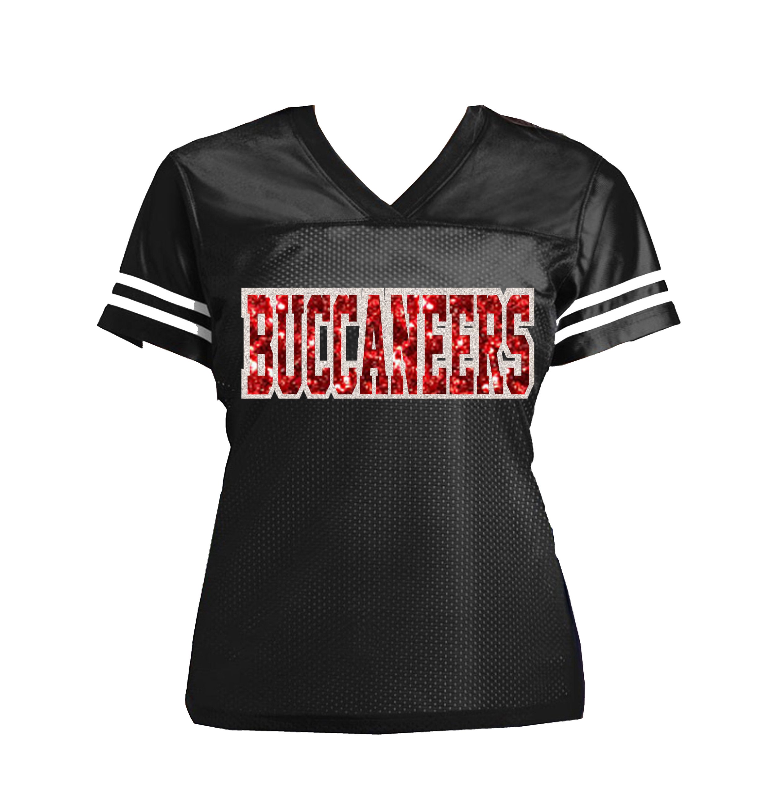 Glitter Women's Buccaneers Jersey - Choose Your Team -Football V-Neck Shirt, Tampa Bay, Black, Red , White