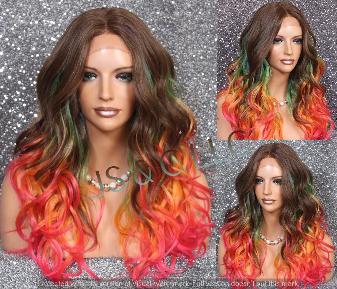 Rainbow Human Hair Blend Lace Front Wig Cneter Part Long Wavy Brown Pink Orange Etc. Party Cosplay Drag Cancer Alopecia Theater