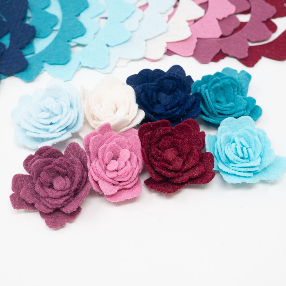 16 Large Wool Blend Felt 3D Tattered Roses Die Cut Applique Flowers - Ombre
