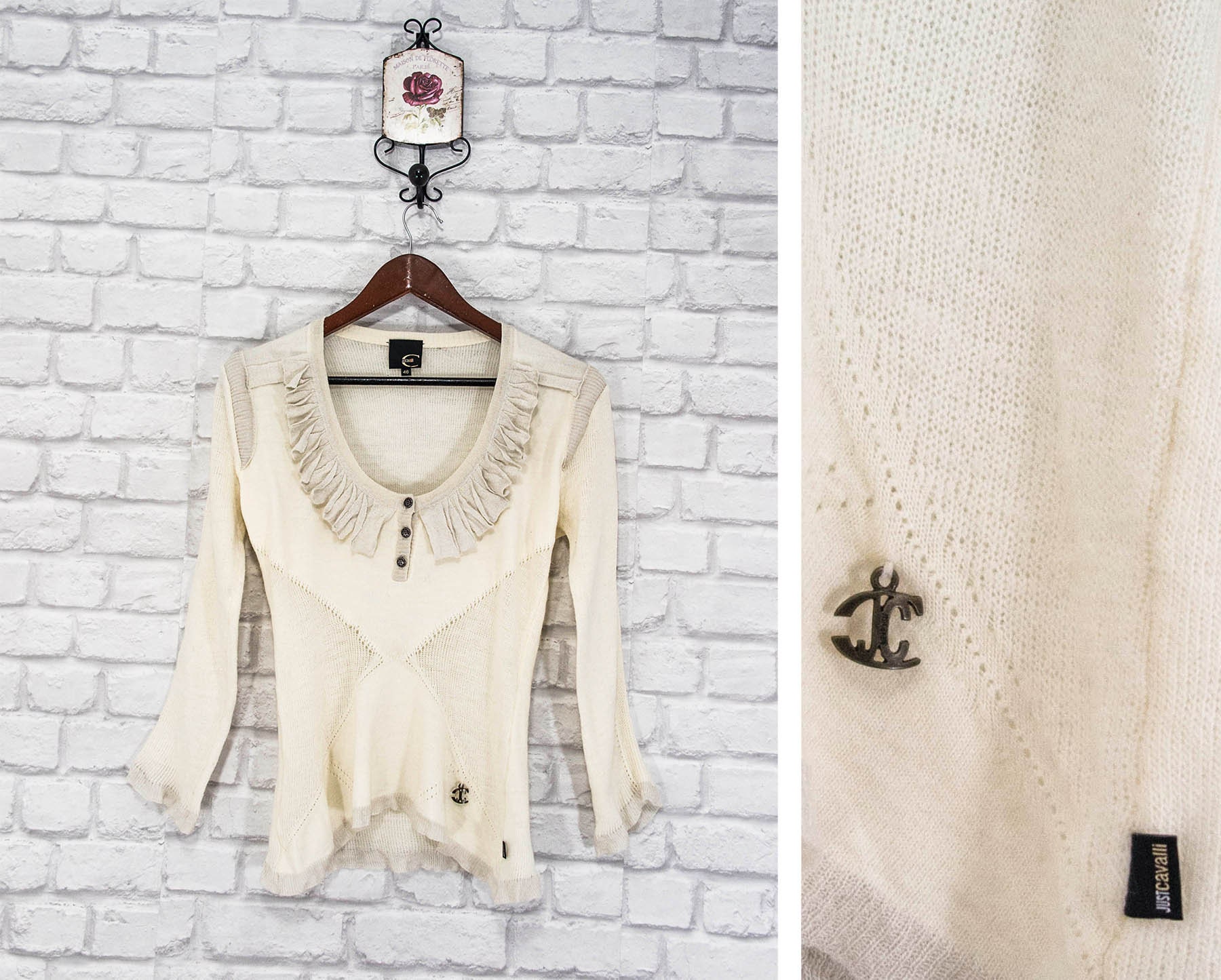 Vintage Just Cavalli Wool Blend Fine Cream Knit Womens Top Blouse Jumper Sweater Stretchy 3/4 Sleeve Size It46/Uk14/Us10/L